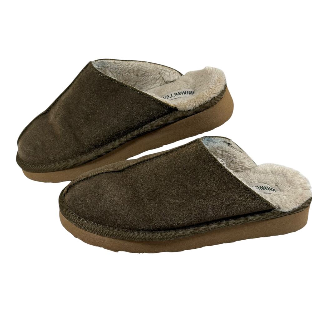 Minnetonka Mule Clog Womens 10 Brown Leather Faux Fur Lined Slip On 408305